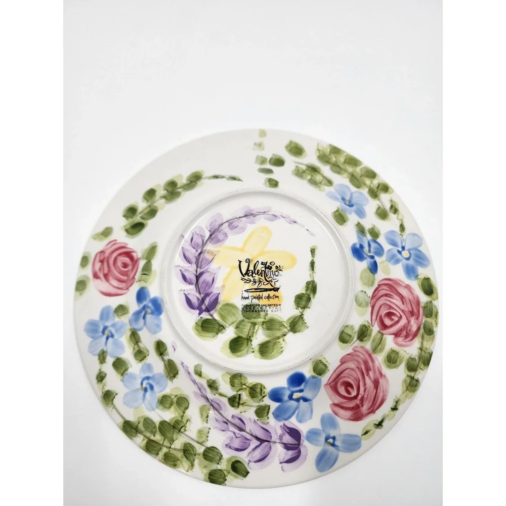 Tabletops Unlimited Valentino Hand Painted Floral Ceramic Plate Pink Rose Yellow